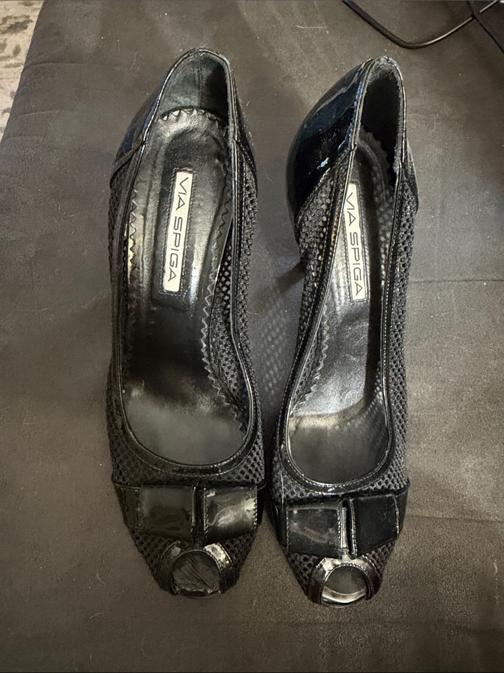 Via Spiga Black Patent & Mesh Peep-Toe Heels
